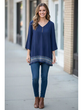 Magnolia Grace Navy Blue Embroidered Tunic Blouse Size S